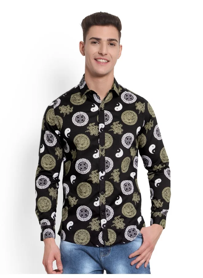 Beyoung Long Sleeve Yin Yang Printed Shirts for Men Black