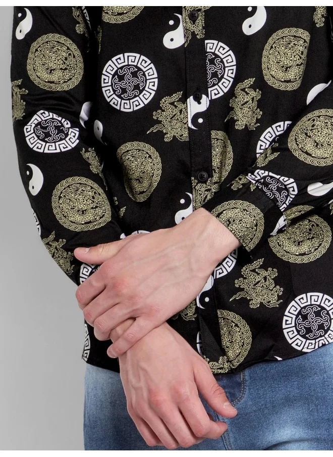 بيونغ Long Sleeve Yin Yang Printed Shirts for Men Black