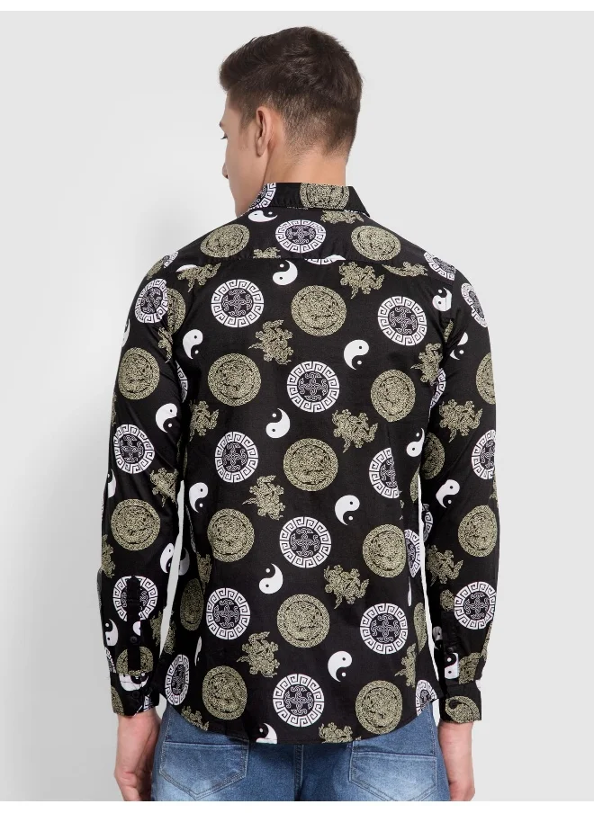 بيونغ Long Sleeve Yin Yang Printed Shirts for Men Black