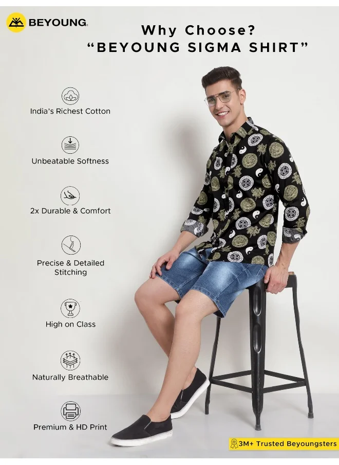 بيونغ Long Sleeve Yin Yang Printed Shirts for Men Black