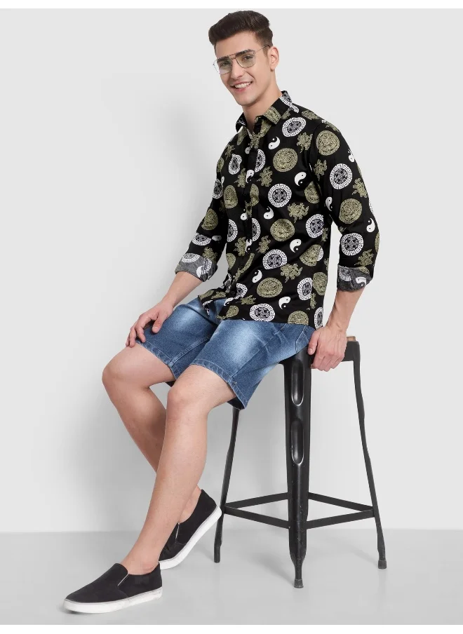 بيونغ Long Sleeve Yin Yang Printed Shirts for Men Black