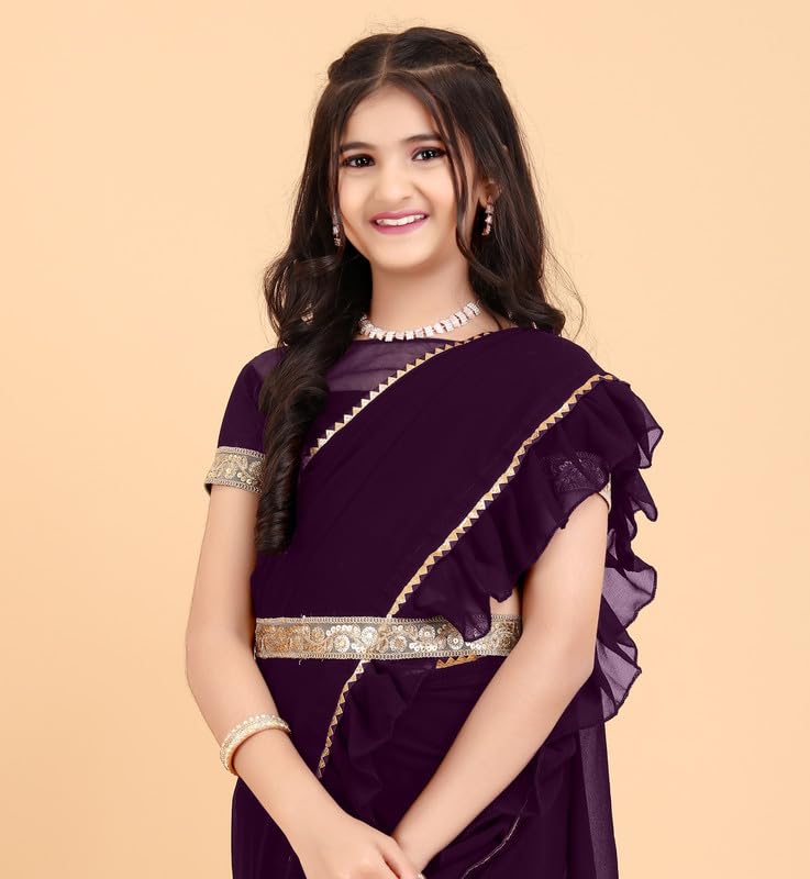 Xavima Girls Georgette Kids Solid/Plain Belt Ready to Wear Saree With Unstitched Blouse Piece- Purple_Size : 6-7 Y - Image 2