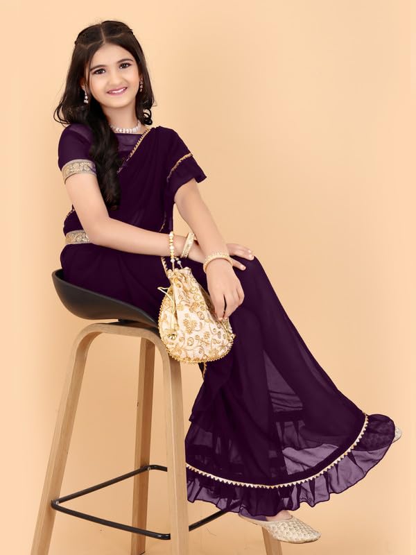 Xavima Girls Georgette Kids Solid/Plain Belt Ready to Wear Saree With Unstitched Blouse Piece- Purple_Size : 6-7 Y - Image 4