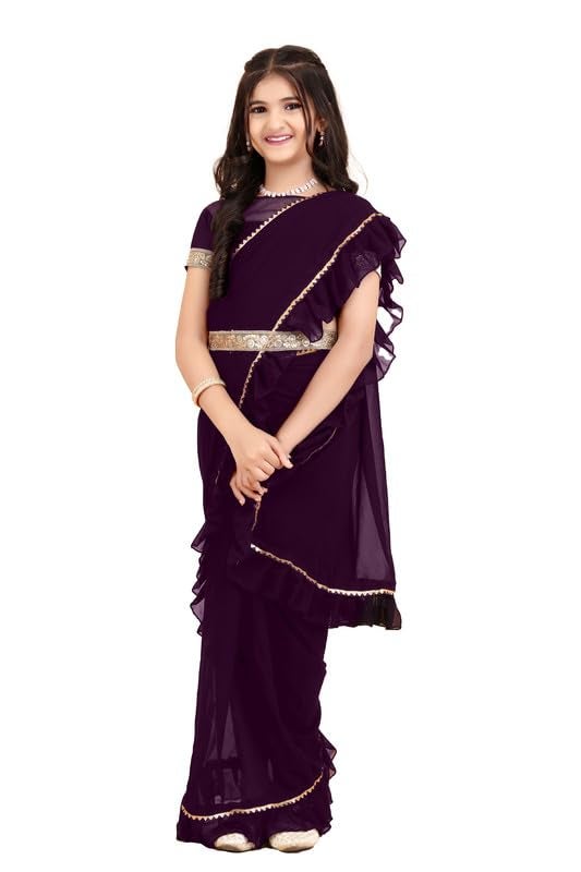 Xavima Girls Georgette Kids Solid/Plain Belt Ready to Wear Saree With Unstitched Blouse Piece- Purple_Size : 6-7 Y - Image 1
