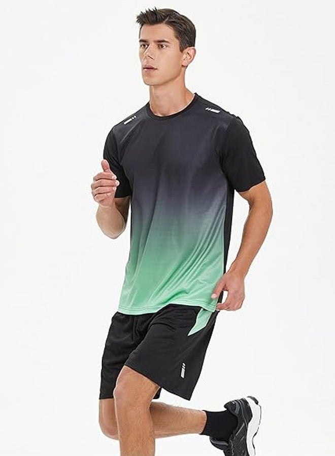 Bukela Men's 2-Piece Sportswear Set, Summer Quick-Drying Running Gear, Short-Sleeve T-Shirt and Shorts, Fitness Training Outfit, Lightweight Athletic Clothing for Gym, Jogging, Cycling, and Outdoor Activities, Color: Gradient Green - Image 5