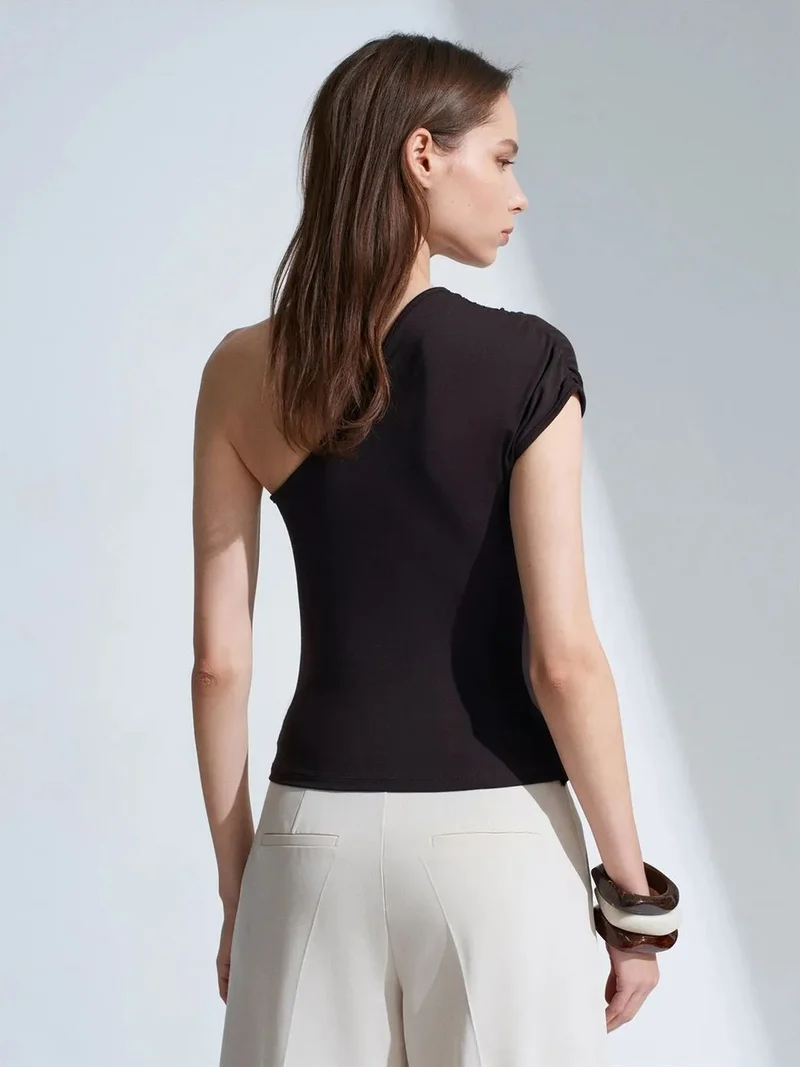 Dilvin Dilvin Slim Fit Off-Shoulder Jersey Blouse With Tie Detail
