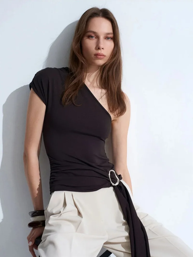 Dilvin Dilvin Slim Fit Off-Shoulder Jersey Blouse With Tie Detail