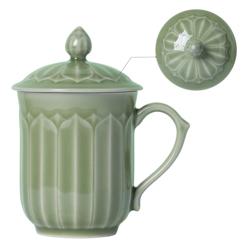Tingyework Tingyework Porcelain Lotus Tea Cup with Lid and Handle 12 oz Unique Coffee Mug Microwave Dishwasher Safe Gifts for Women and Men Aesthetic Chinese Celadon 1 Pack Kiwi Green 