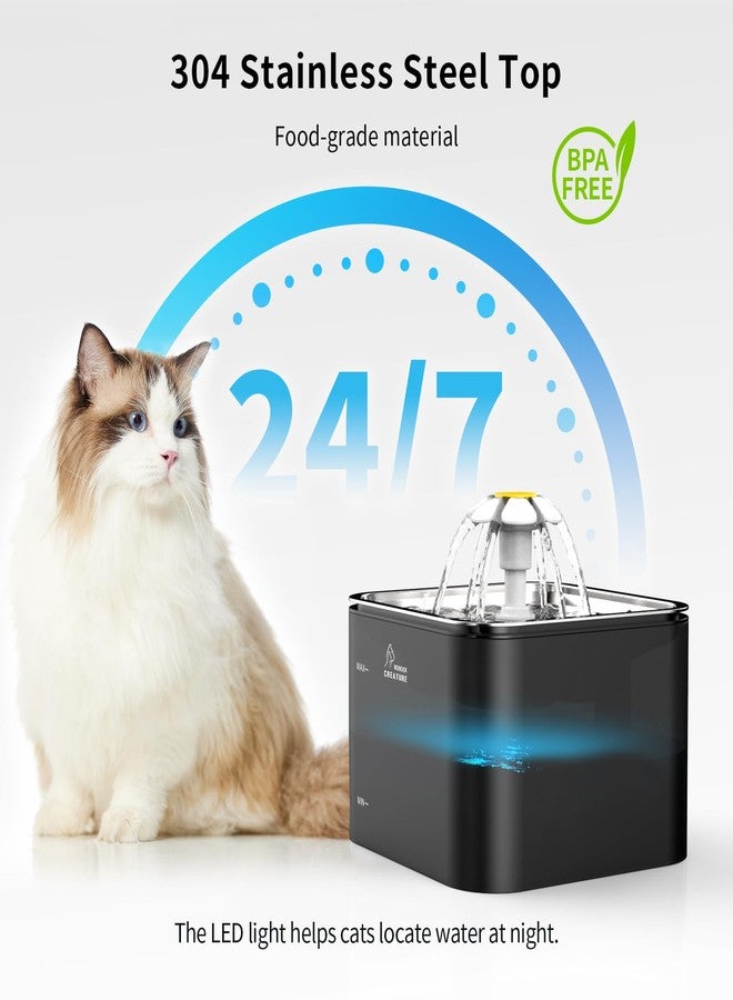 Wonder Creature Crystal Cat Water Fountain Stainless Steel Lid, 101oz/3L Pet Fountain with LED Light for Cats and Dogs (Black) - Image 2