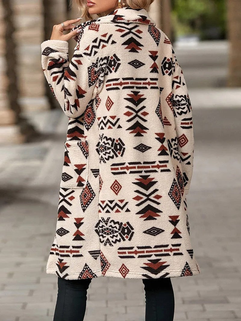 معطف نسائي طويل من الفرو مع ياقة مطوية وأكمام طويلة للملابس الشتوية - Image 1