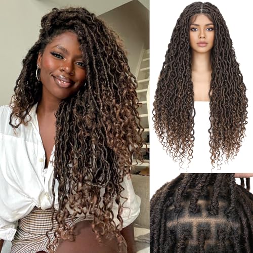 WIGNEE Boho Braided Wig Full Double Lace Front Braided Wig Goddess Faux Locs Wig PrePlucked with Baby Hair Embroidery Square Knotless Braided Wigs For Black Women - Image 1