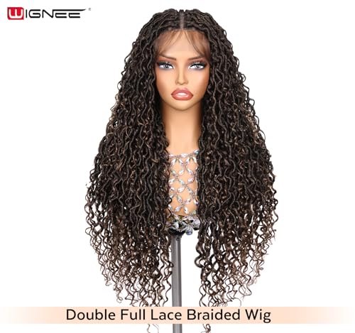 WIGNEE Boho Braided Wig Full Double Lace Front Braided Wig Goddess Faux Locs Wig PrePlucked with Baby Hair Embroidery Square Knotless Braided Wigs For Black Women - Image 3