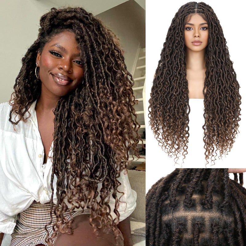 WIGNEE Boho Braided Wig Full Double Lace Front Braided Wig Goddess Faux Locs Wig PrePlucked with Baby Hair Embroidery Square Knotless Braided Wigs For Black Women - Image 2
