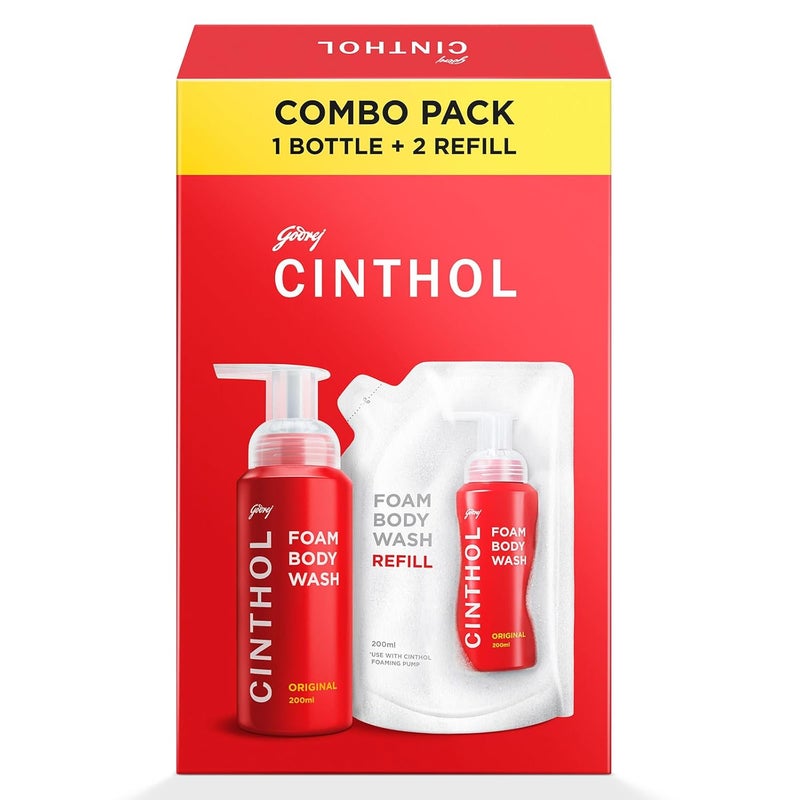 Cinthol غسول الجسم الرغوي الأصلي من سينثول عبوة كومبي 600 مل 1 زجاجة 2 إعادة تعبئة صيغة رغوة فريدة لبشرة رطبة وناعمة بشكل لا يقاوم مناسبة لجميع أنواع البشرة - Image 1