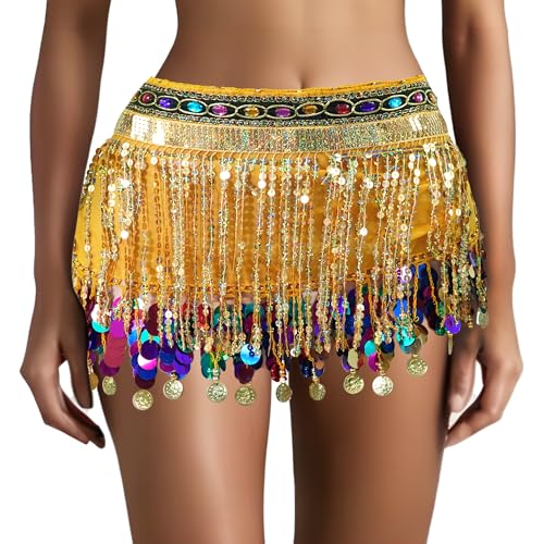 MUNAFIE Women's Belly Dance Hip Scarf Performance Outfits Skirt Festival Clothing Gold&Colorful - Image 3