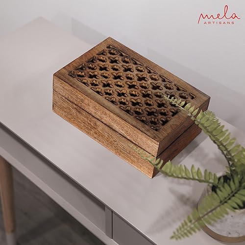 Mela Artisans 9” x 6” x 3.5” Mango Wood Box with Lid – Trellis Medium Burnt – Handcrafted Keepsake Box – Large Storage for Jewelry & Home Décor Accents - Image 5