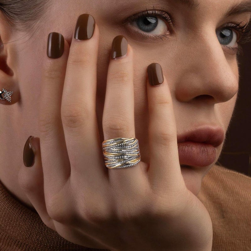Mytys 2 Tone Intertwined Crossover Statement Ring Fashion Chunky Band Rings for Women Black Gold Silver Rose Gold Plated Wide Index Finger Rings Costume Jewelry (Gold and silver, 6) - Image 2