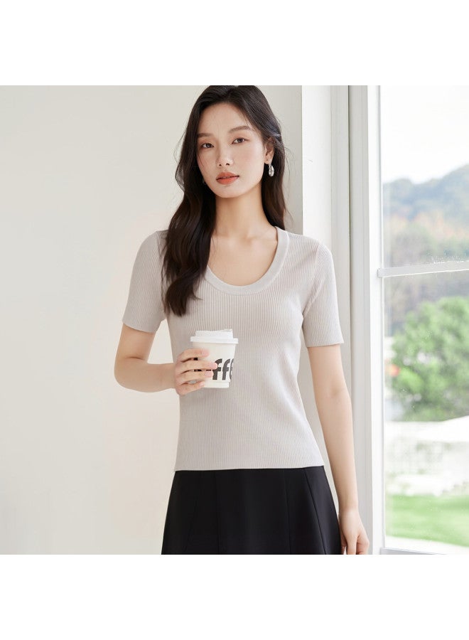 Hstyle U-neck Knitted Top For Women, Spring/autumn 2025 Fashion Comfortable Slim Fit Casual Office Wear Versatile Short-sleeve Shirt - Image 5