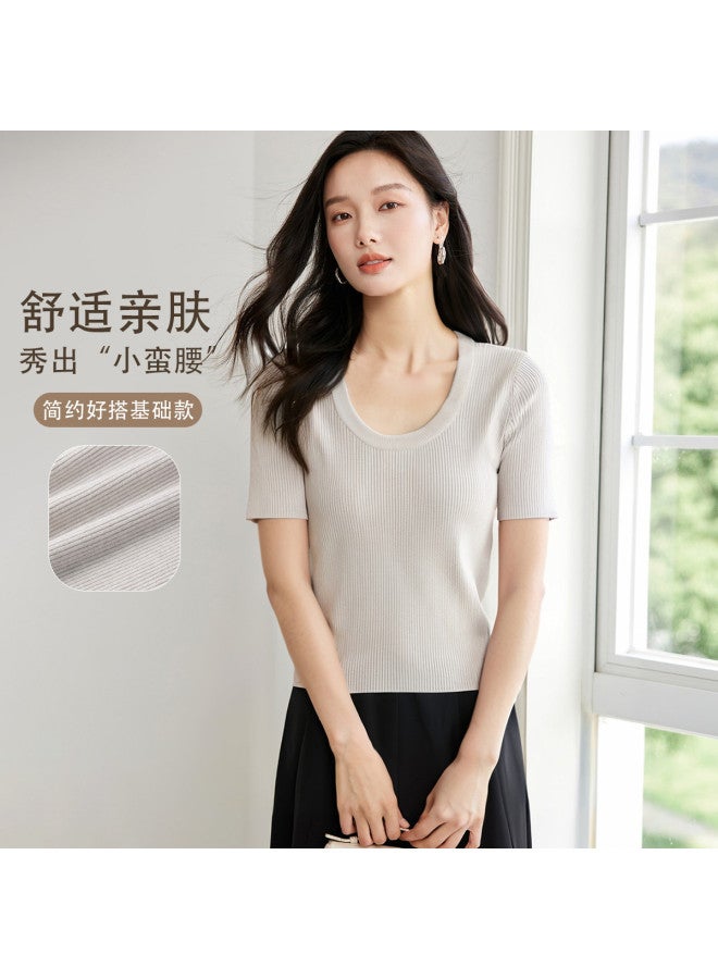 Hstyle U-neck Knitted Top For Women, Spring/autumn 2025 Fashion Comfortable Slim Fit Casual Office Wear Versatile Short-sleeve Shirt - Image 2