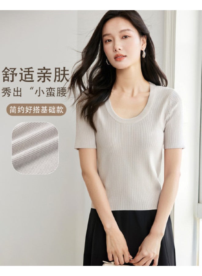 Hstyle U-neck Knitted Top For Women, Spring/autumn 2025 Fashion Comfortable Slim Fit Casual Office Wear Versatile Short-sleeve Shirt - Image 1