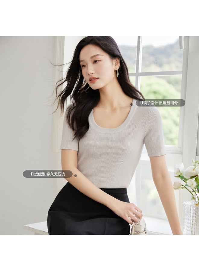 Hstyle U-neck Knitted Top For Women, Spring/autumn 2025 Fashion Comfortable Slim Fit Casual Office Wear Versatile Short-sleeve Shirt - Image 4