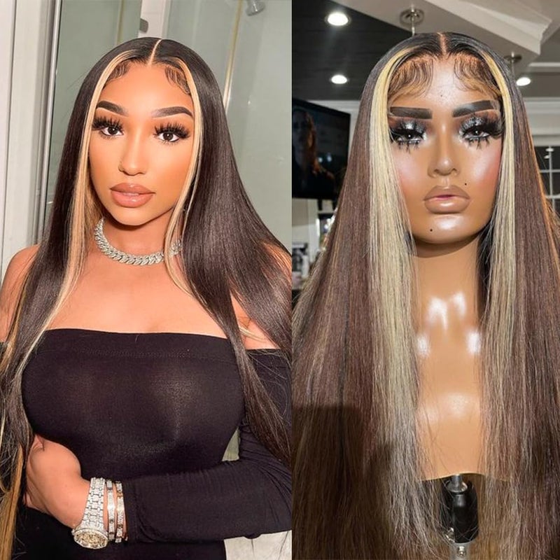 QD-Tizer Brown Hair Color Lace Front Wig Long Straight Hair Wigs Honey Blonde Face Framing Highlights Heat Resistant Synthetic Lace Front Wigs for Fashion Women - Image 5