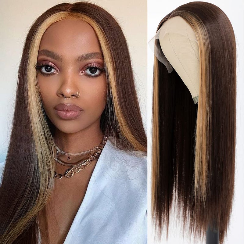 QD-Tizer Brown Hair Color Lace Front Wig Long Straight Hair Wigs Honey Blonde Face Framing Highlights Heat Resistant Synthetic Lace Front Wigs for Fashion Women - Image 3