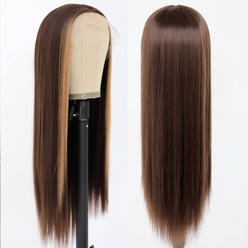 QD-Tizer Brown Hair Color Lace Front Wig Long Straight Hair Wigs Honey Blonde Face Framing Highlights Heat Resistant Synthetic Lace Front Wigs for Fashion Women - Image 4