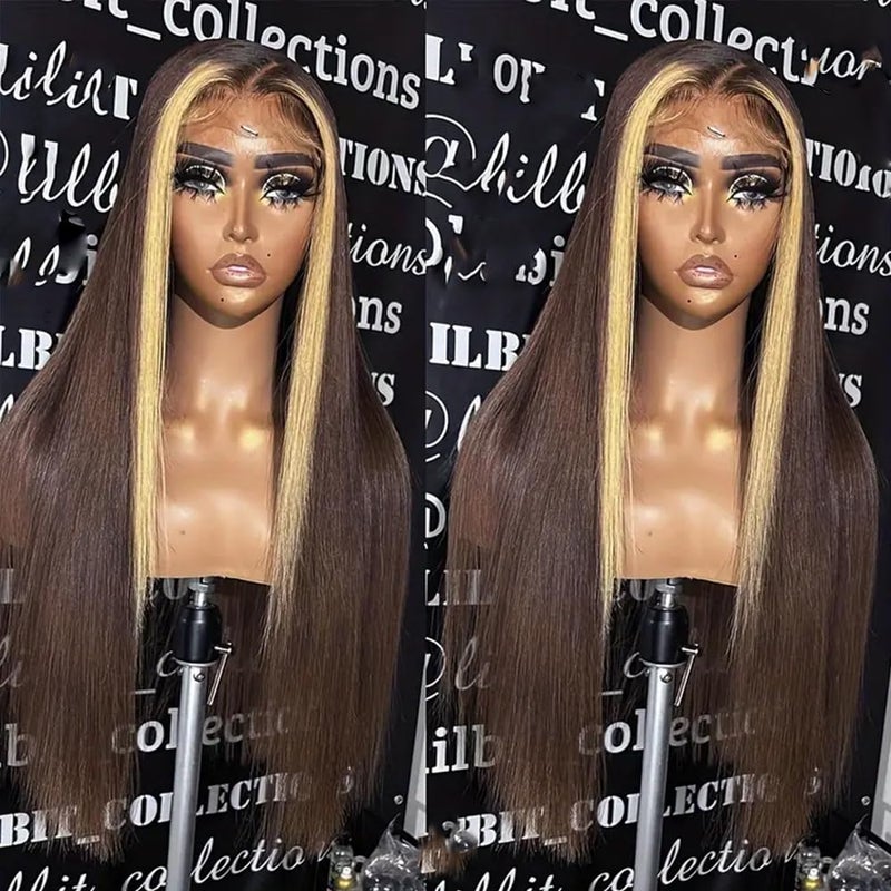QD-Tizer Brown Hair Color Lace Front Wig Long Straight Hair Wigs Honey Blonde Face Framing Highlights Heat Resistant Synthetic Lace Front Wigs for Fashion Women - Image 2