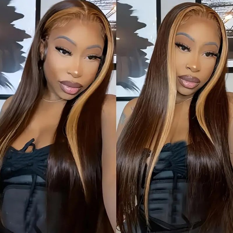 QD-Tizer Brown Hair Color Lace Front Wig Long Straight Hair Wigs Honey Blonde Face Framing Highlights Heat Resistant Synthetic Lace Front Wigs for Fashion Women - Image 1