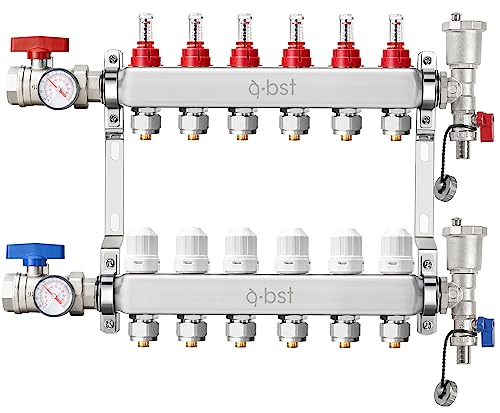 a.bst ABST PEX Manifold,6 Loop Stainless Steel Floor Radiant Heat Manifold Kit with 1/2" Adapters Included for Hydronic Radiant Floor Heating - Image 1