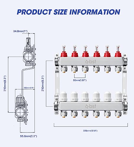 a.bst ABST PEX Manifold,6 Loop Stainless Steel Floor Radiant Heat Manifold Kit with 1/2" Adapters Included for Hydronic Radiant Floor Heating - Image 3