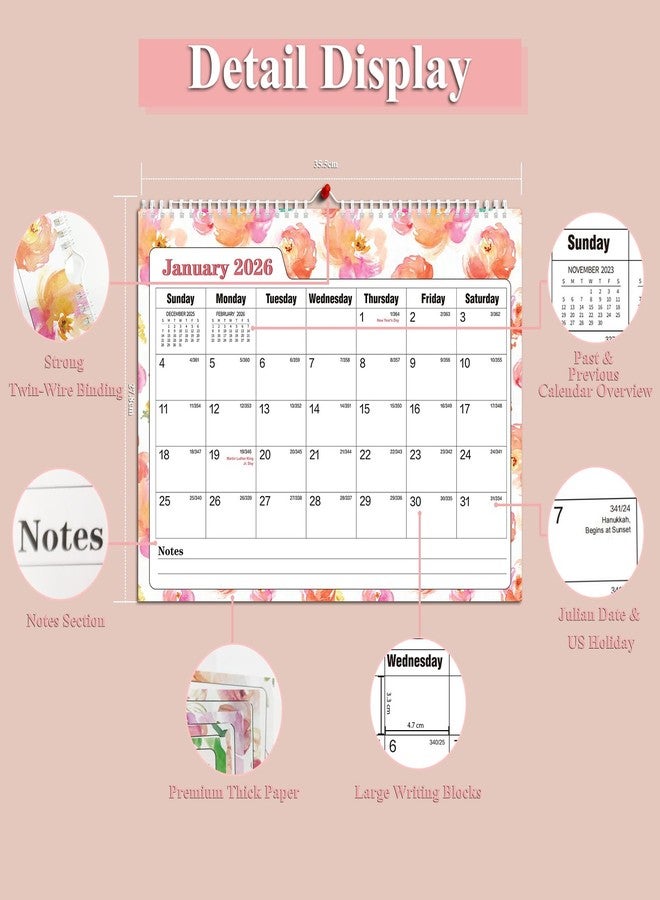 Ymumuda Wall Calendar 2026-18 Monthly from JAN. 2026 to JUN. 2027, 14" x 11", 2026 Desk/Wall Calendar with Monthly Views& Unruled Blocks, Easy Organizing for Annual Work, Pink Floral - Image 3