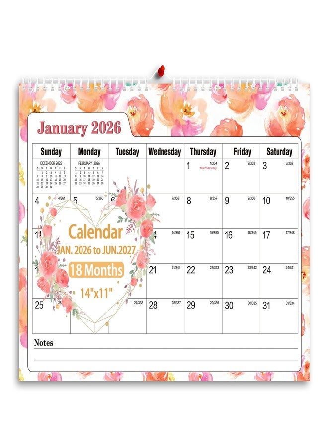Ymumuda Wall Calendar 2026-18 Monthly from JAN. 2026 to JUN. 2027, 14" x 11", 2026 Desk/Wall Calendar with Monthly Views& Unruled Blocks, Easy Organizing for Annual Work, Pink Floral - Image 1