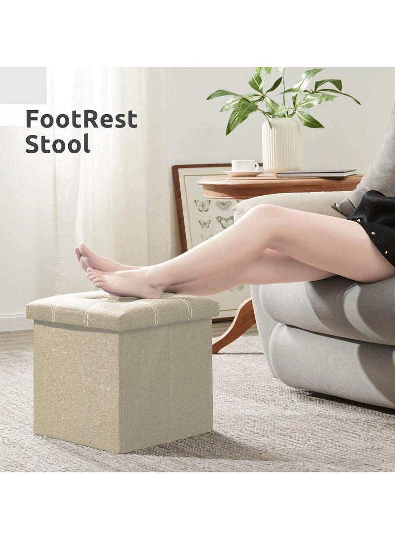 مكعب عثماني للتخزين مقاس 15 بوصة، صناديق تخزين قابلة للطي، مسند للقدمين، مقعد مبطن لغرفة المعيشة في السكن الجامعي، يدعم 350 رطلاً، قماش خطي (بيج) - Image 4