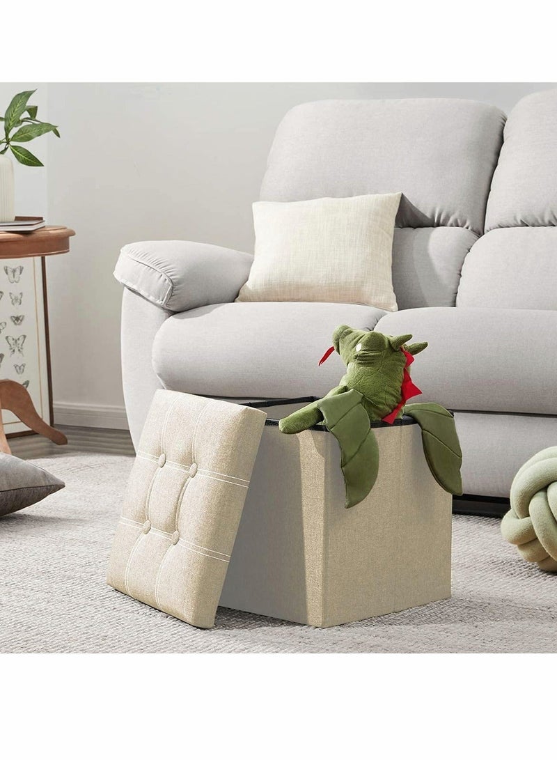 مكعب عثماني للتخزين مقاس 15 بوصة، صناديق تخزين قابلة للطي، مسند للقدمين، مقعد مبطن لغرفة المعيشة في السكن الجامعي، يدعم 350 رطلاً، قماش خطي (بيج) - Image 2