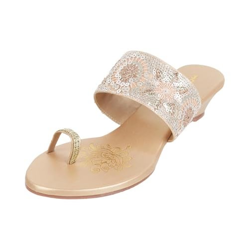 Mochi Women Gold Ethnic Wedge Heel Sandal UK/4 EU/37 (35-394) - Image 1