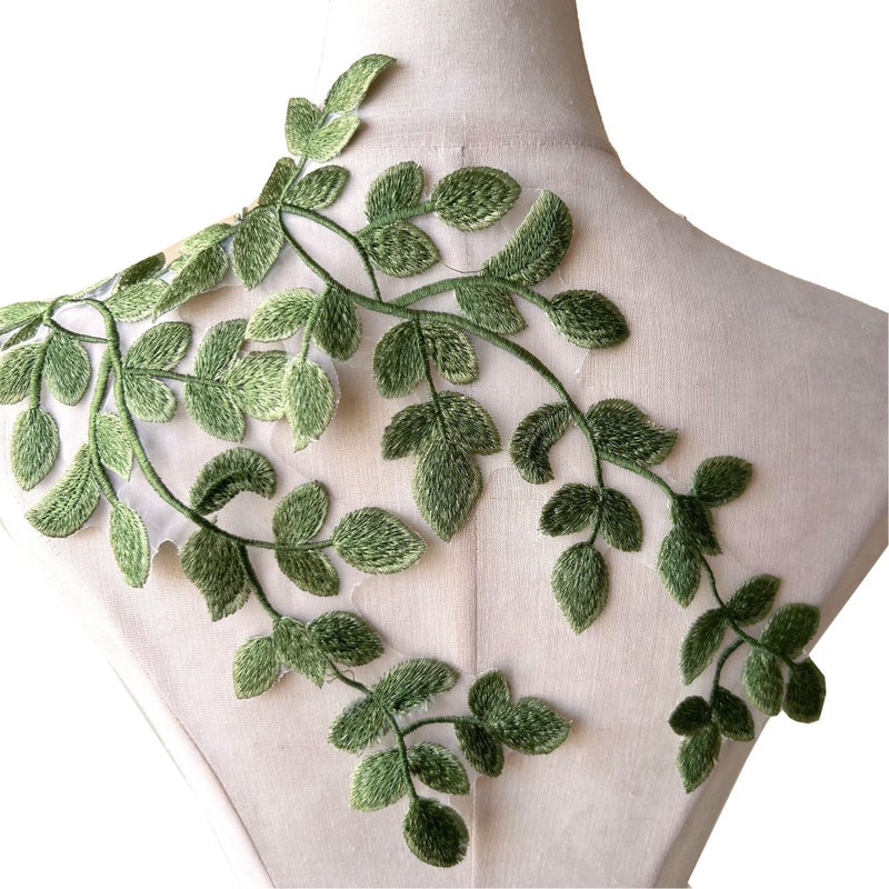 Mirror Pair Green Forest Leaves Applique Lace Vine Motif Trims Embroidery Wood Patches