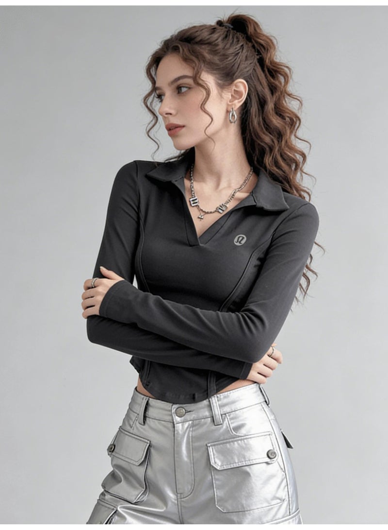 لولوليمون Lululemon slim Polo neck long sleeve T-shirt female spice girl slim fishbone waist sports shirt - Image 2