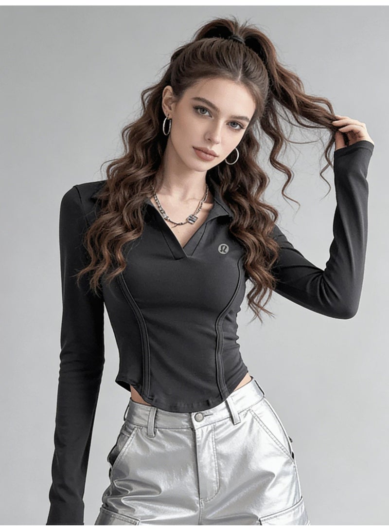 لولوليمون Lululemon slim Polo neck long sleeve T-shirt female spice girl slim fishbone waist sports shirt - Image 1