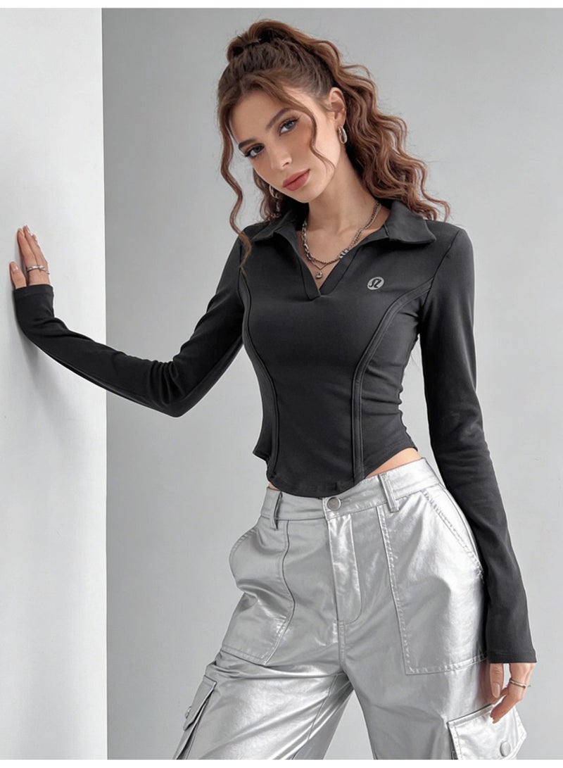 لولوليمون Lululemon slim Polo neck long sleeve T-shirt female spice girl slim fishbone waist sports shirt - Image 4