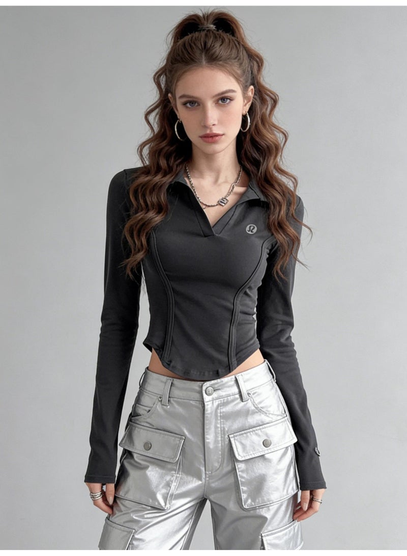 لولوليمون Lululemon slim Polo neck long sleeve T-shirt female spice girl slim fishbone waist sports shirt - Image 3