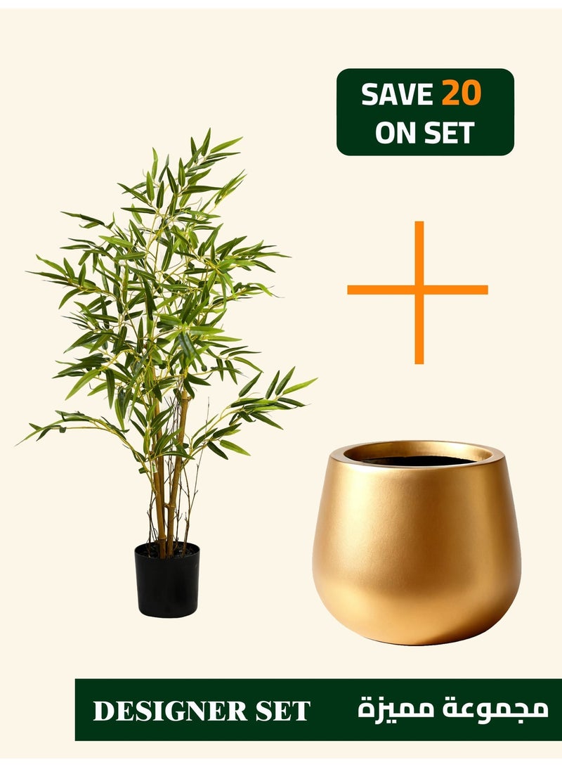 High-Quality Artificial Bamboo Tree (90cm) – Balance, Calmness, and Natural Beauty & Minimal Magnesia Cement Planter (25 × 19 cm) – Subtle Balance for Refined Interiors Bundle - Image 1