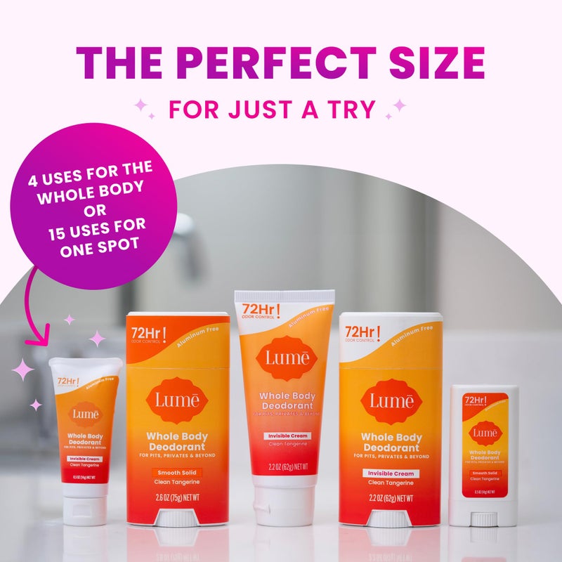Lume Whole Body Deodorant - Mini Travel Size Invisible Cream Tube - Trial Size - 72 Hour Odor Control - Doctor Developed - Aluminum Free, Baking Soda Free - .5oz (Pack of 2) (Clean Tangerine) - Image 5