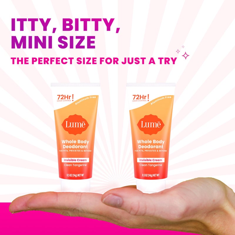 Lume Whole Body Deodorant - Mini Travel Size Invisible Cream Tube - Trial Size - 72 Hour Odor Control - Doctor Developed - Aluminum Free, Baking Soda Free - .5oz (Pack of 2) (Clean Tangerine) - Image 2