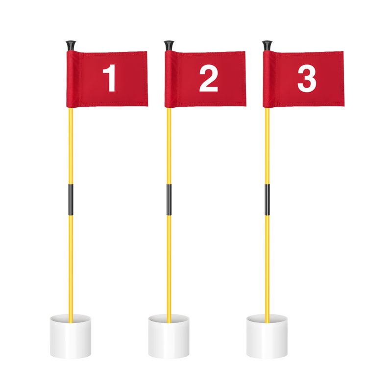 KINGTOP Miniature Golf Flagstick Practice Putting Green Flags for Yard Golf Pin Flag Hole Cup Set Portable 2Section Design 3ft Flagpole Indoor Outdoor Red Flag Numbered 1 2 3 3Pack