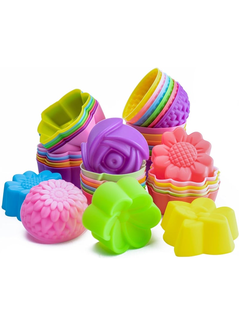 42Pcs Mini Size Silicone Molds, 2 x 0.98 inch Cupcake Multi Flower Shapes Baking Cups Non-Stick Donut Wrapper Mold Muffin Liners Washable for Pan Oven Microwave Dishwasher - Image 1