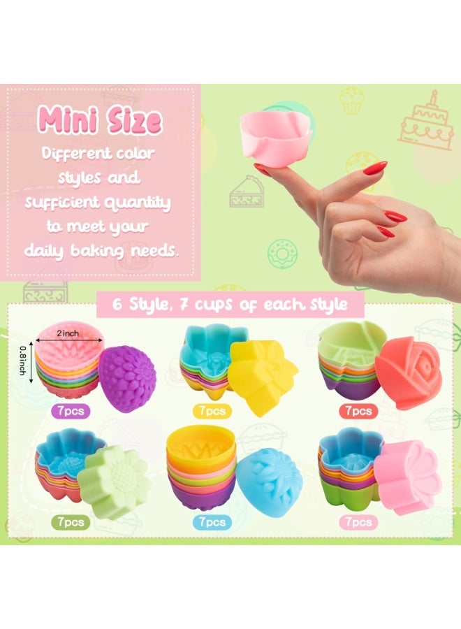 42Pcs Mini Size Silicone Molds, 2 x 0.98 inch Cupcake Multi Flower Shapes Baking Cups Non-Stick Donut Wrapper Mold Muffin Liners Washable for Pan Oven Microwave Dishwasher - Image 2