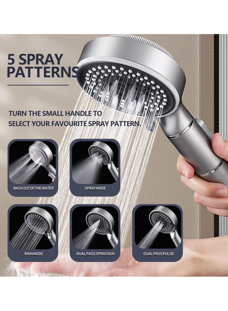SOLARAE Shower Head with Filter, High Pressure Double-Sided Shower Head with Silicone Body Scrubber, Handheld Shower with On/Off Switch, 5 Spray Modes for Body and Hair Massage (Silver) - Image 3