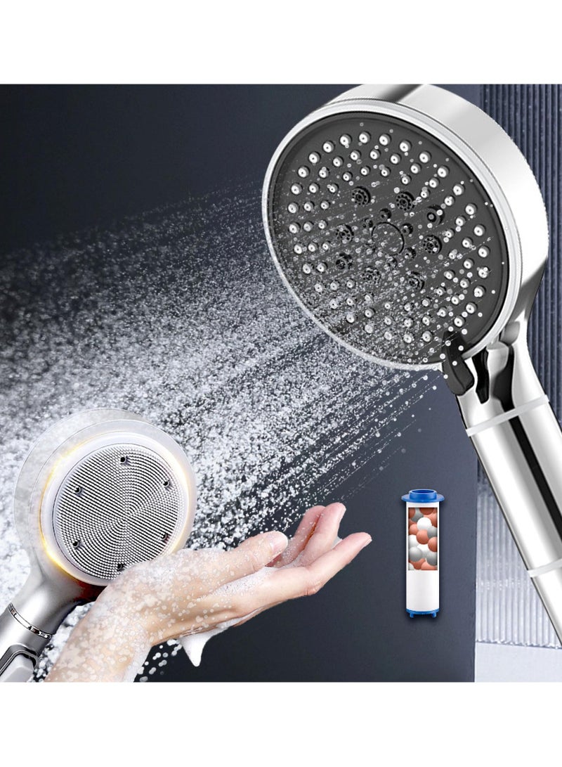 SOLARAE Shower Head with Filter, High Pressure Double-Sided Shower Head with Silicone Body Scrubber, Handheld Shower with On/Off Switch, 5 Spray Modes for Body and Hair Massage (Silver) - Image 1